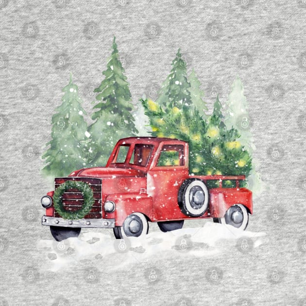 Christmas red truck with Chistmas tree by InnaPatiutko